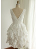 V Neckline Ivory Taffeta Ruffle Skirt Knee Length Wedding Dress